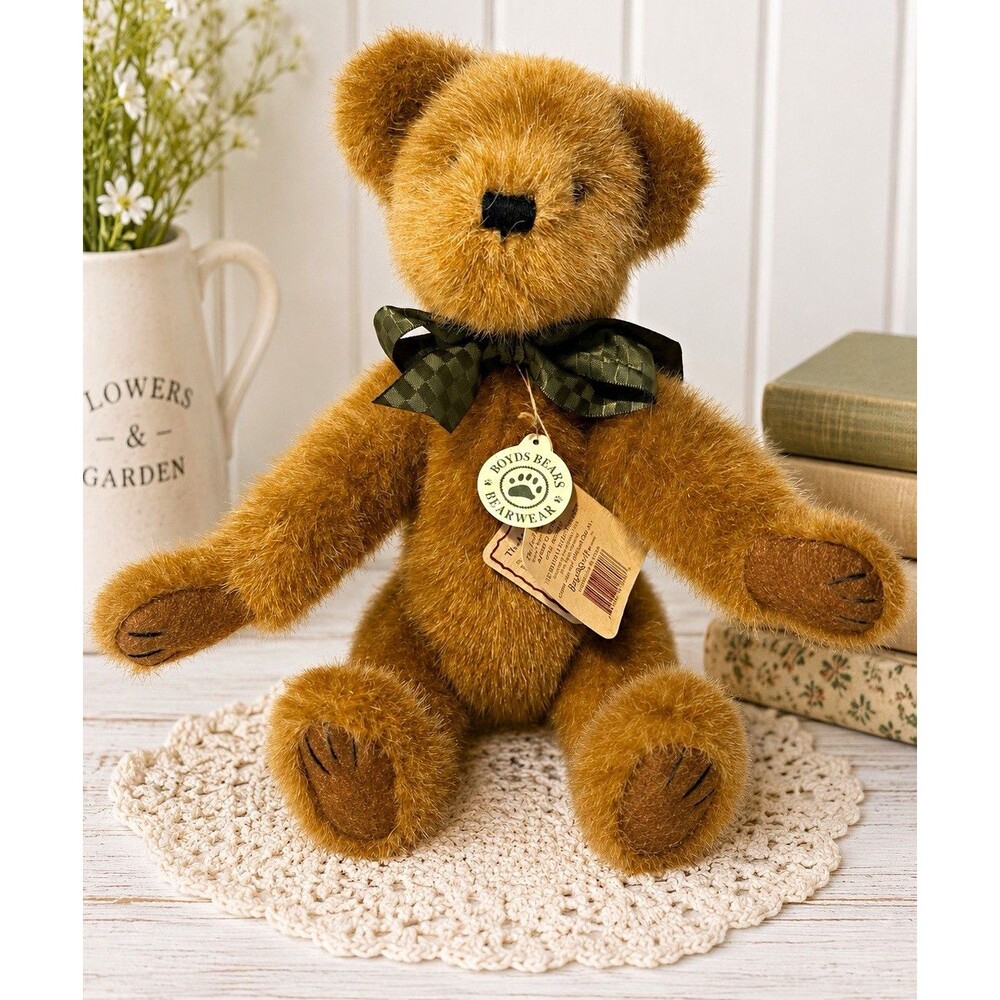 Boyds Bears Bearwear Brown Plush Bear 10in Green Bow Hang Tag Retired 1998